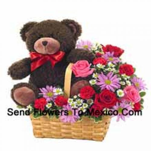 Assorted Flower Basket with 14 Inch Teddy