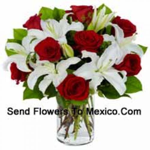 Cute Red Roses and White Lilies