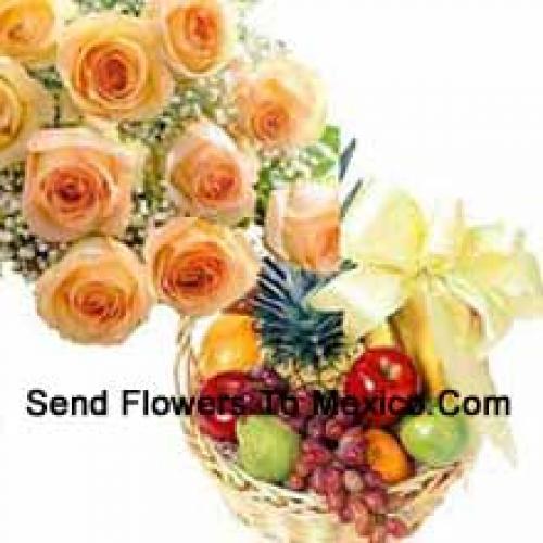 12 Orange Roses with 3 Kg Fruits