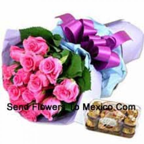 12 Pink Roses with Yummy 16 Pcs Ferrero Rochers