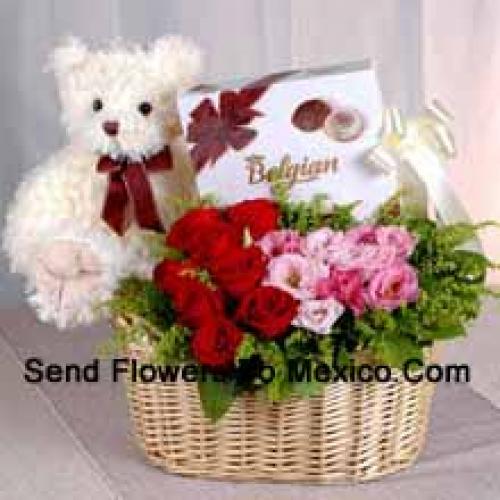 18 Roses avec Chocolat et Ours en Peluche