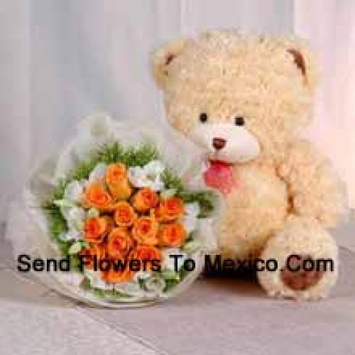 12 Orange Roses with Cute Teddy Bear