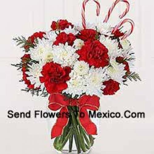 Red Carnations and White Chrysanthemums with Perfect Touch